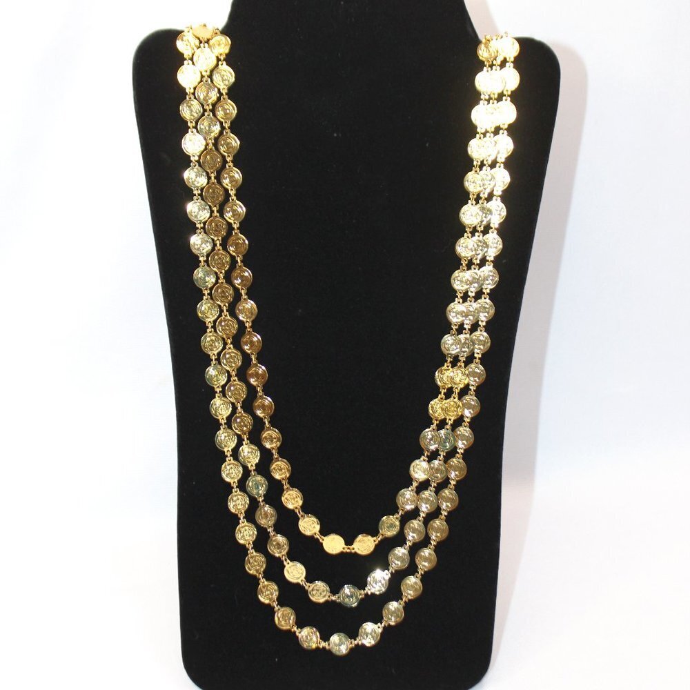 Liz Clabourne Classic Tri-Strand Golden Coin Long Necklace